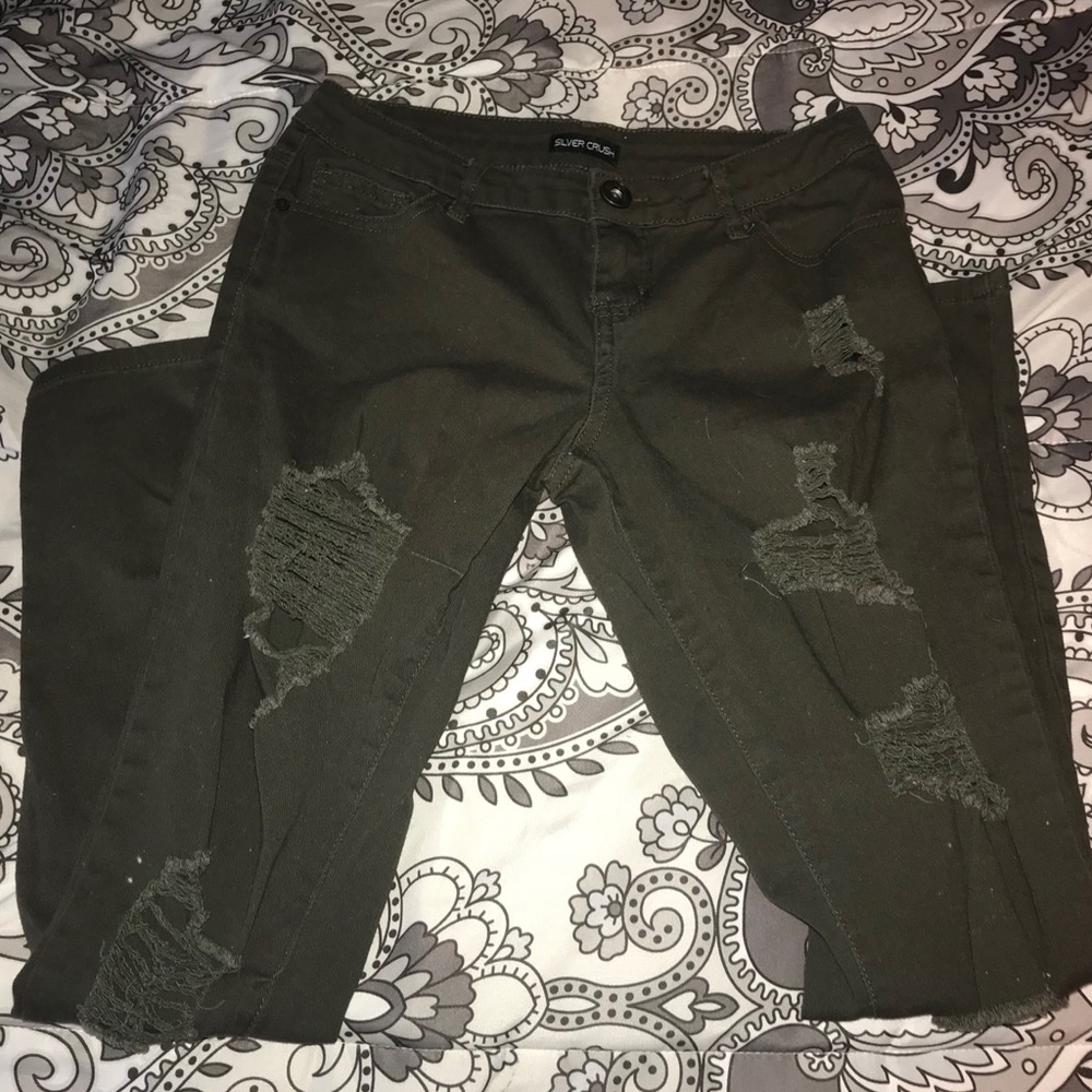 Dark green distressed jeans